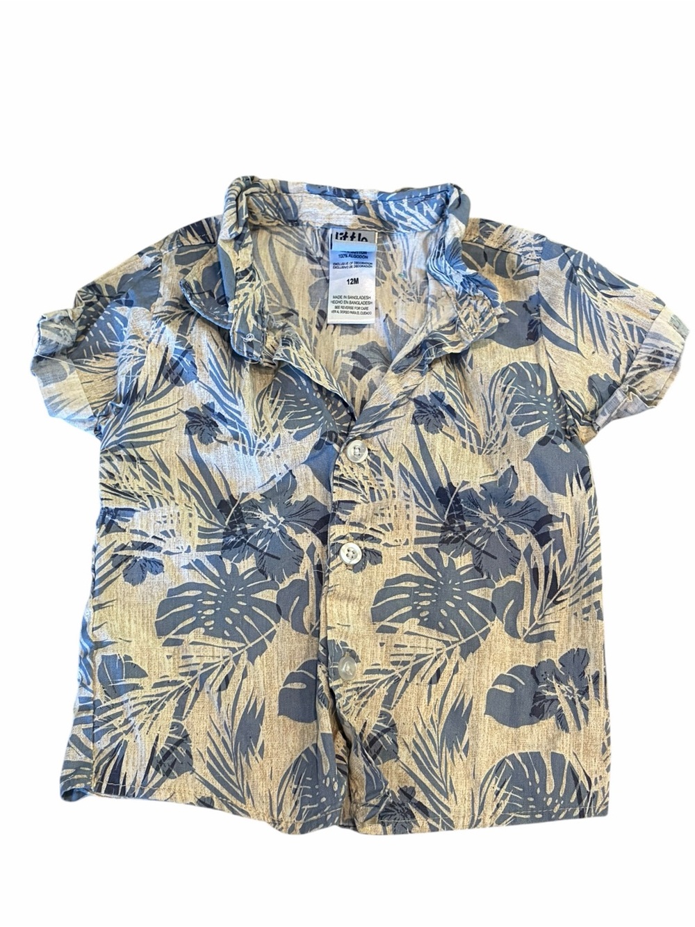Little Lad Tropical Button-Up Shirt Size 12M Blue Tan Palm Print